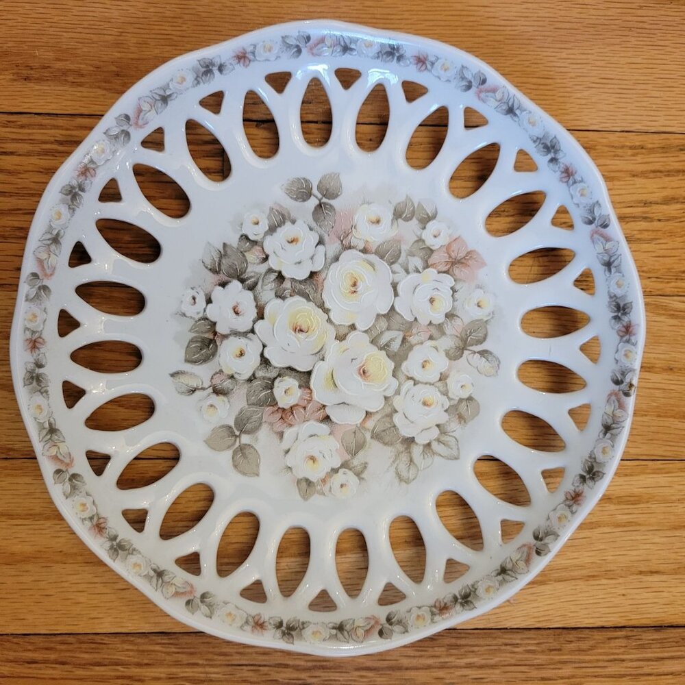 Vintage Schmidt Porcelain Cutout Plate With Floral Rose Design 9.5" Diameter Dec